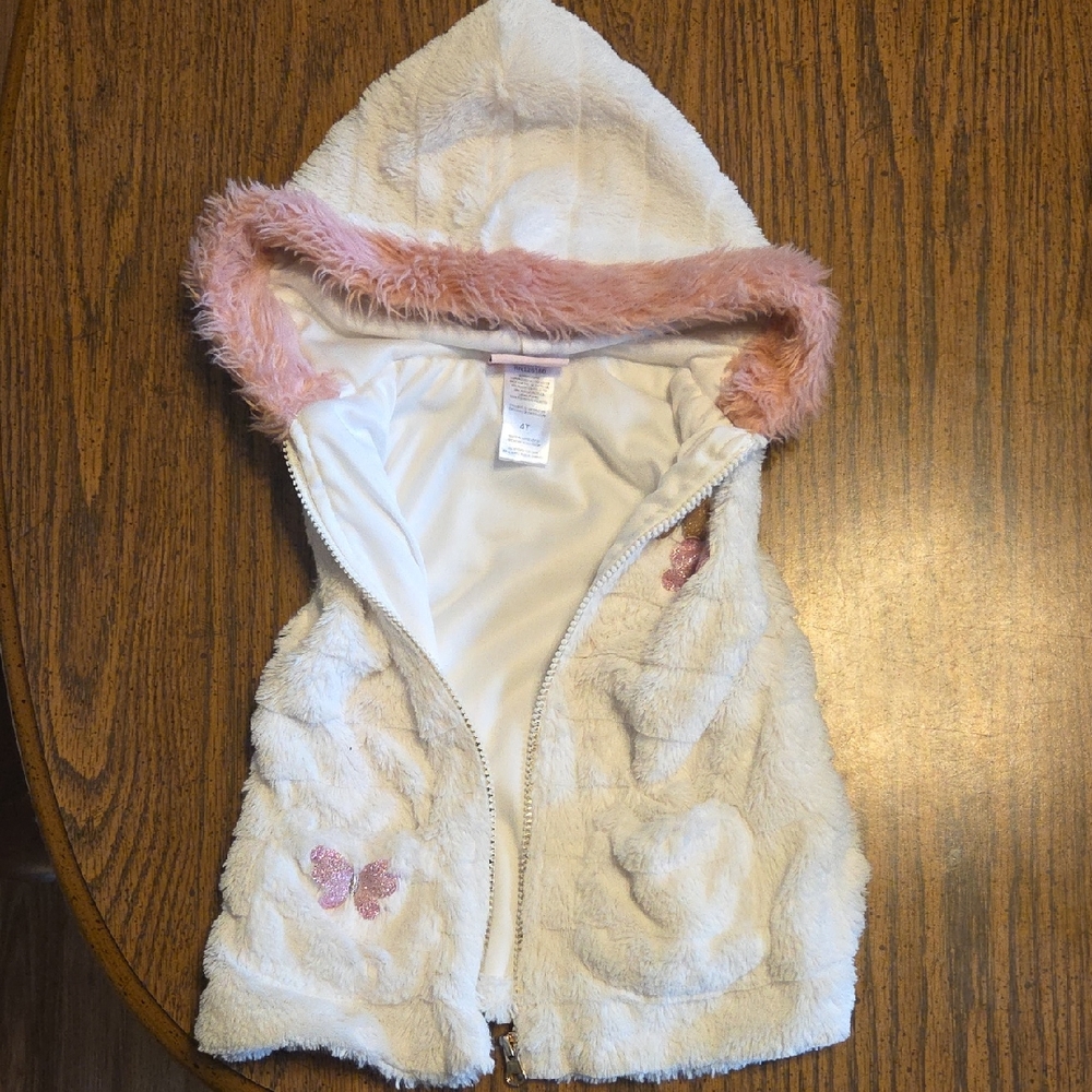 Girls White Faux Fur Hooded Vest with Pink Trim and Butterfly Accents